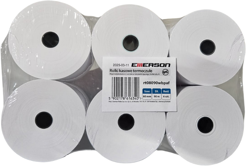 Rolka termiczna Emerson, 80mm x 90m, 50+/- 6g/m2, BPA Free, 6 sztuk, biały