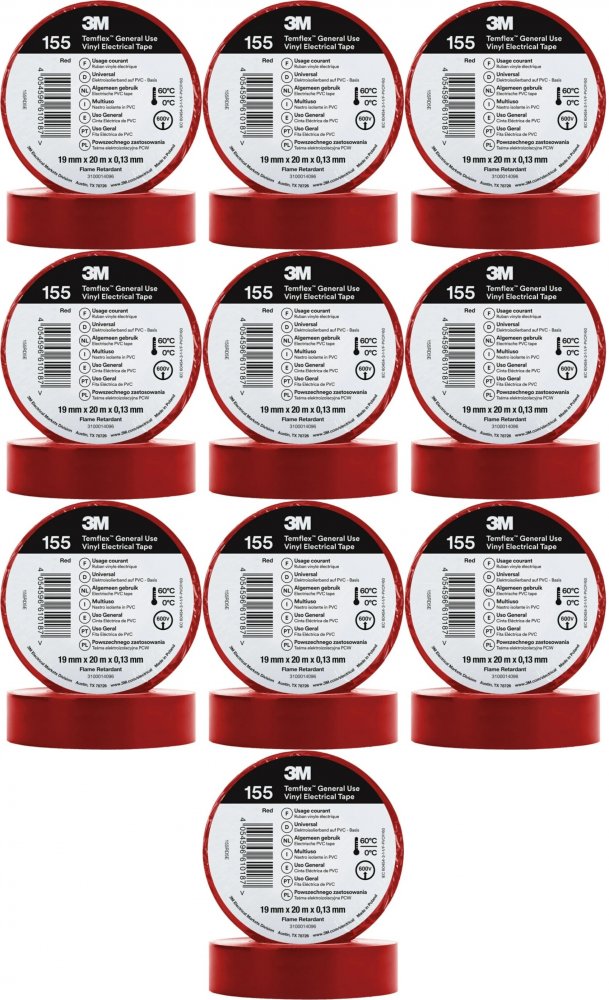 10x Taśma izolacyjna 3M Temflex 155, 19mmx20m, czerwony