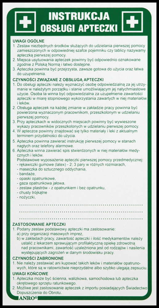 Tabliczka informacyjna Anro, „Instrukcja obsługi apteczki"
