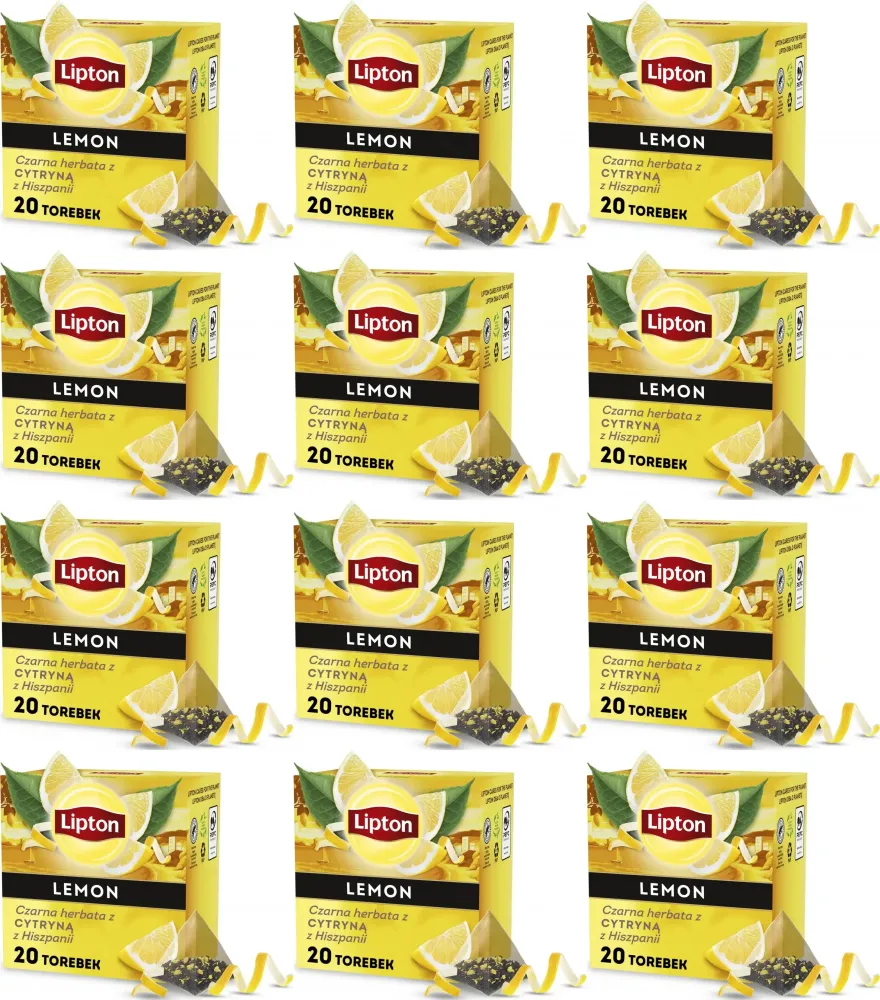 12x Herbata czarna w piramidkach Lipton, z cytryną z Hiszpanii, 20 sztuk x 1.7g