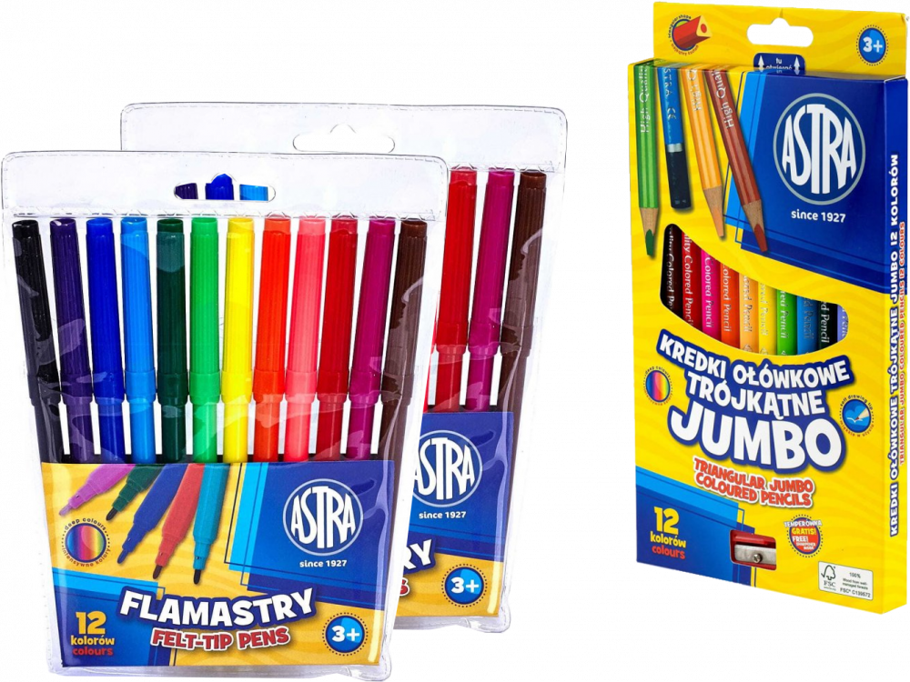 Zestaw:2x Flamastry Astra CX, 12 sztuk, mix kolorów + Kredki ołówkowe trójkątne Astra Jumbo, z temperówką, 12 sztuk, mix kolorów