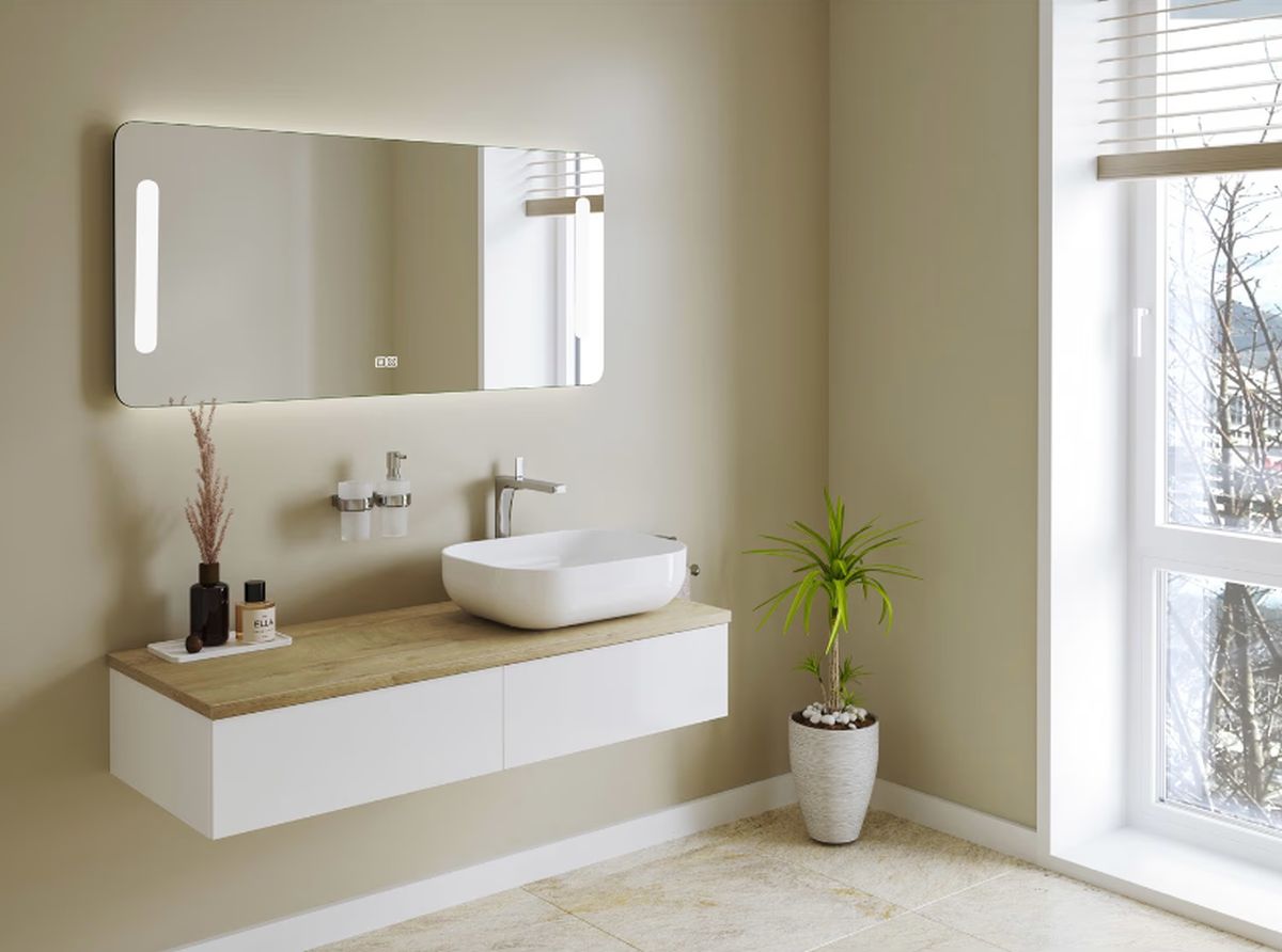 Kronenbach Cube szafka z blatem 121x48,7x23,5 cm podumywalkowa wisząca biały połysk-jasny dąb KBWTKOWTL1212WHGH