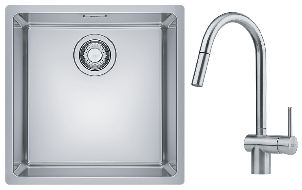 Zestaw Franke Maris zlewozmywak stalowy 40x40 cm z baterią kuchenną Leda Neo Pull-Outstal szczotkowana/ stal (1220543995, 1150590047)