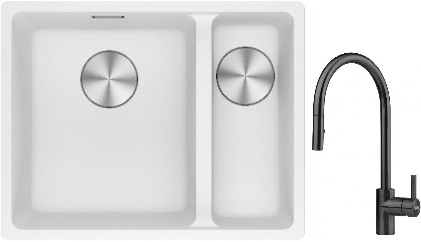 Franke Maris MRG 160-34-15SBR zlewozmywak 52x40 cm Fragranite biały polarny z baterią kuchenną Eos czarna stal szlachetna (1250687267, ...