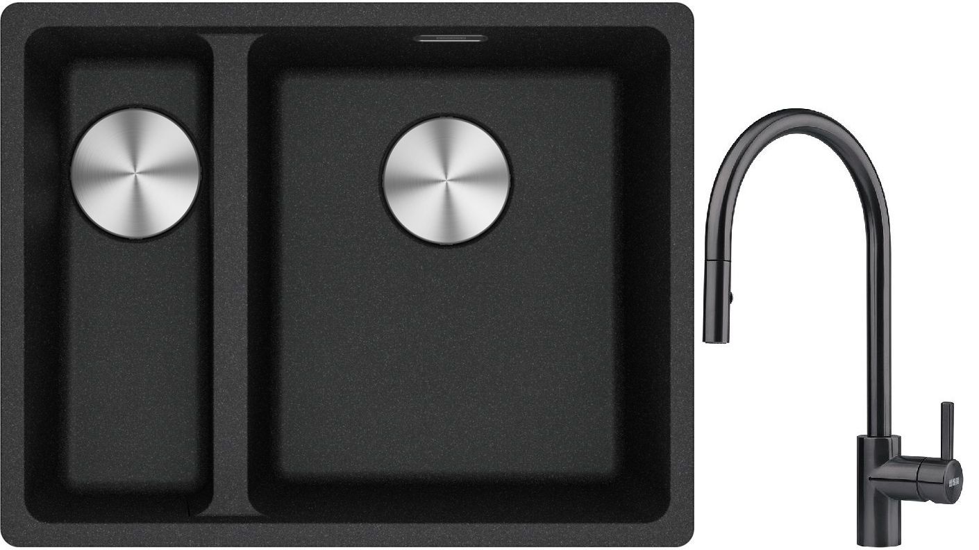 Franke Maris MRG 160-34-15 zlewozmywak 55x43 cm Fragranite onyx z baterią kuchenną Eos czarna stal szlachetna (1250687269, 1150613671)