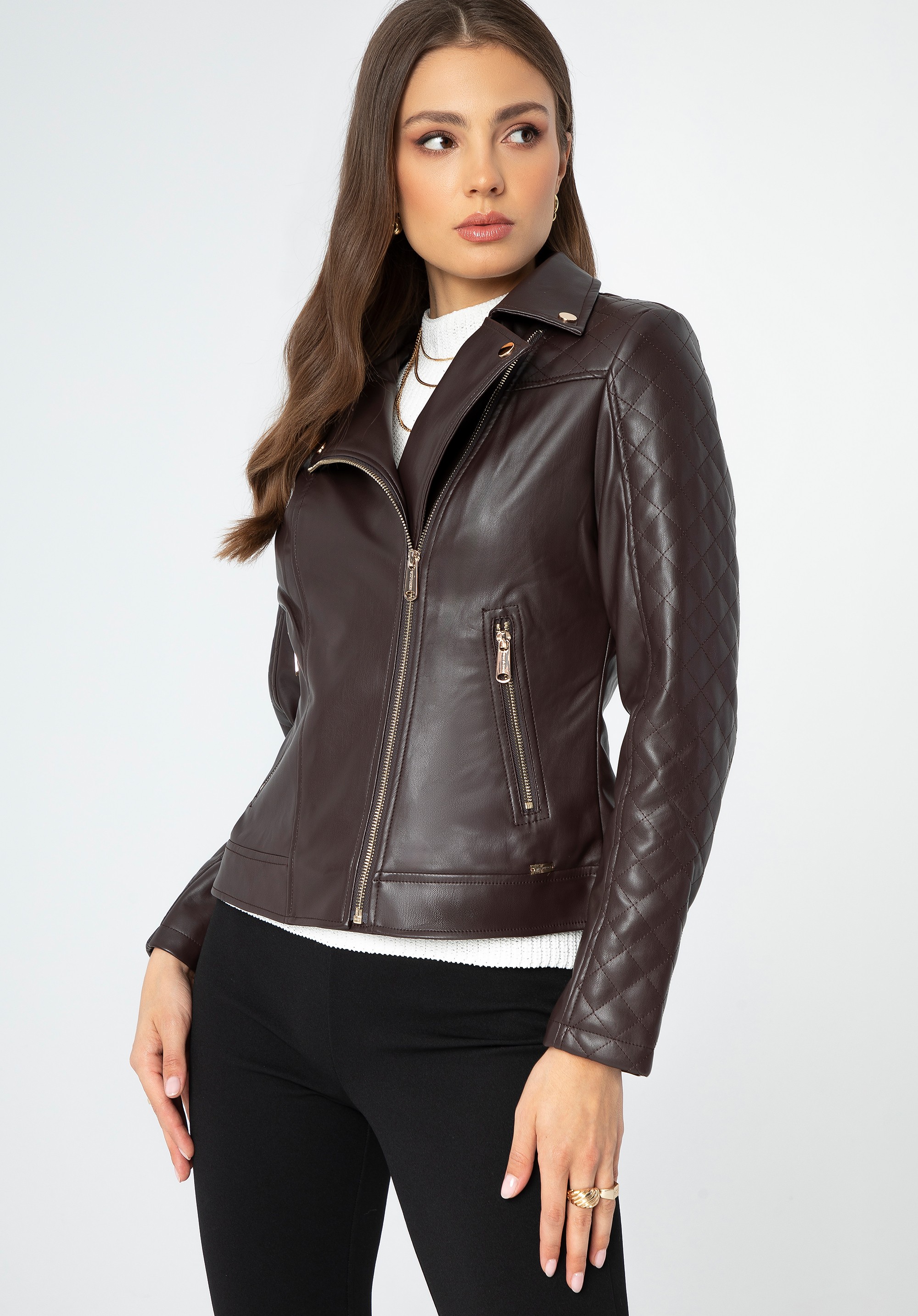 Damska ramoneska ze skóry ekologicznej ciemny brąz