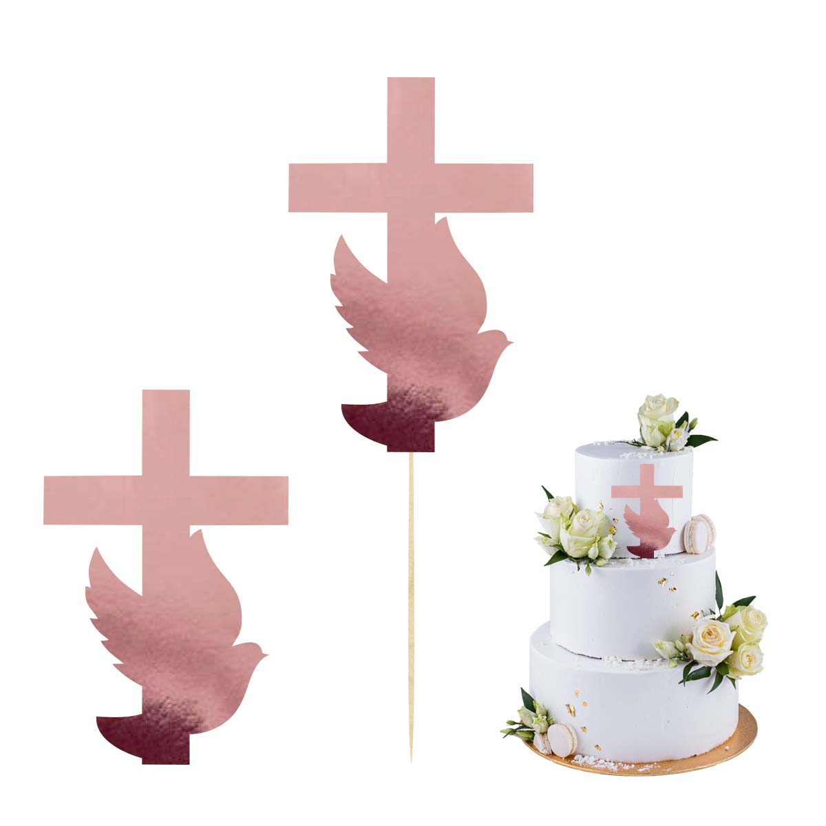 Topper na bok tortu gołąb i krzyż różowe złoto, dekoracja na Komunię Świętą pik scrapki