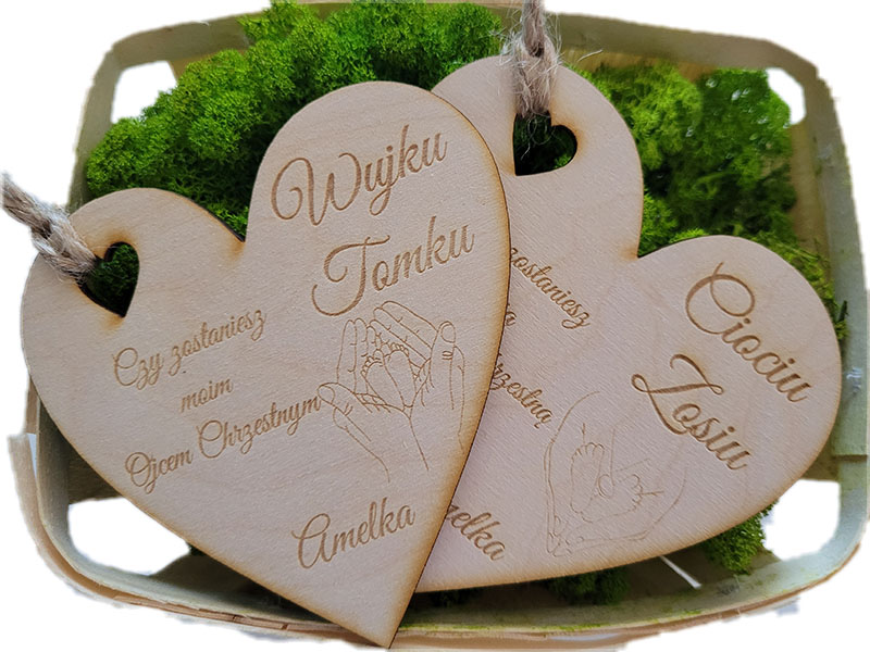 Pytanie wujku- ciociu czy zostaniesz matką chrzestną ojcem, prośba o chrzestnych, kartka grawer zawieszka serce 2szt.