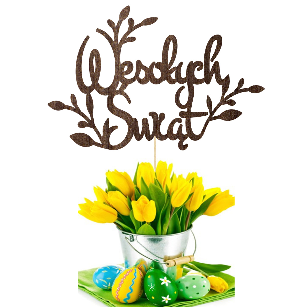 Topper dekoracja wielkanocna Wesołych Świąt na bok pik do babeczki prezentu lub bukietu drewno brąz rustylkalny