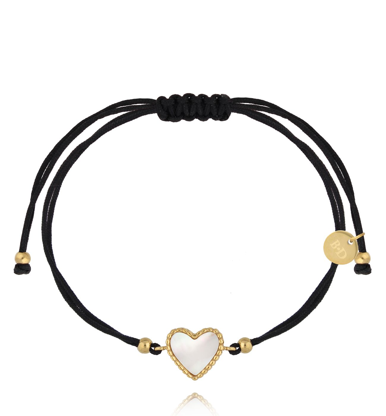 Bransoletka z czarnym sznurkiem i złotym perłowym sercem BGL1063 - By Dziubeka