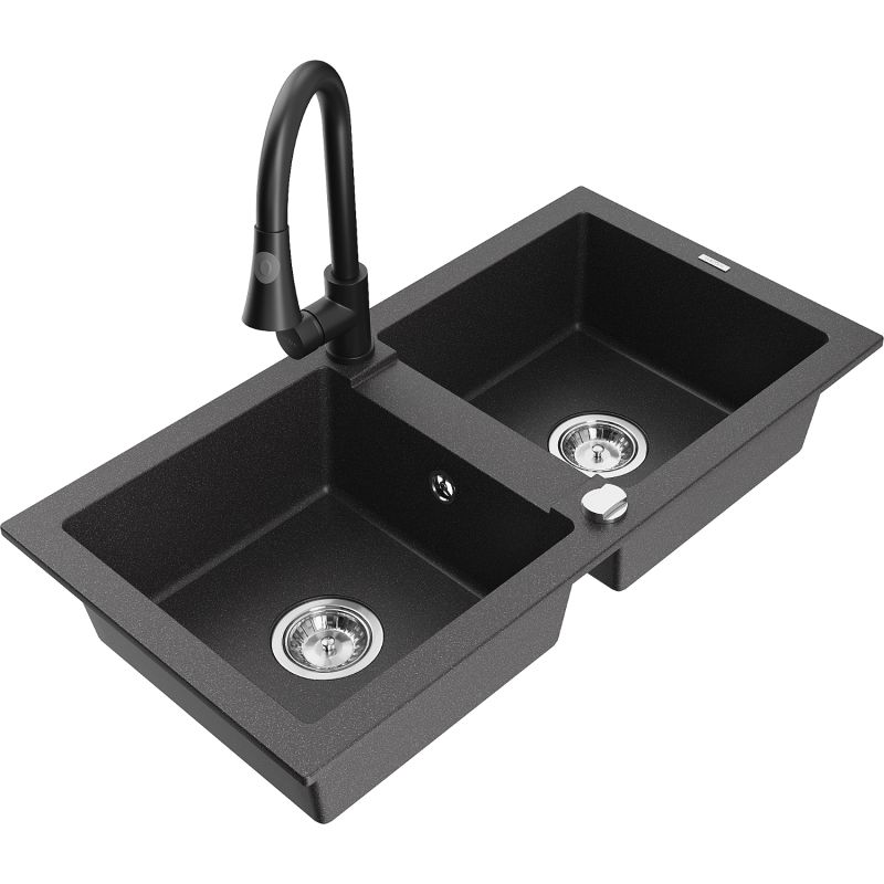 Zlewozmywak granitowy 2-komorowy Mexen Mario z baterią kuchenną Elia czarny nakrapiany 6504-76-670101-70