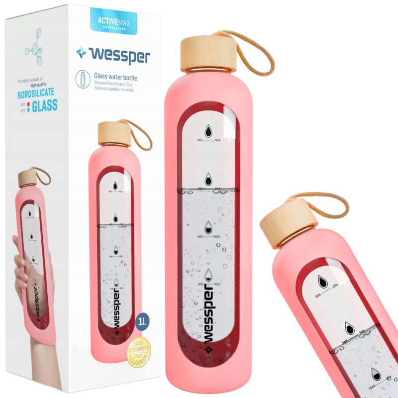 Butelka na wodę, Wessper, szklana, motywacyjna, z miarką, 1L + etui silikonowe, różowy, 1szt