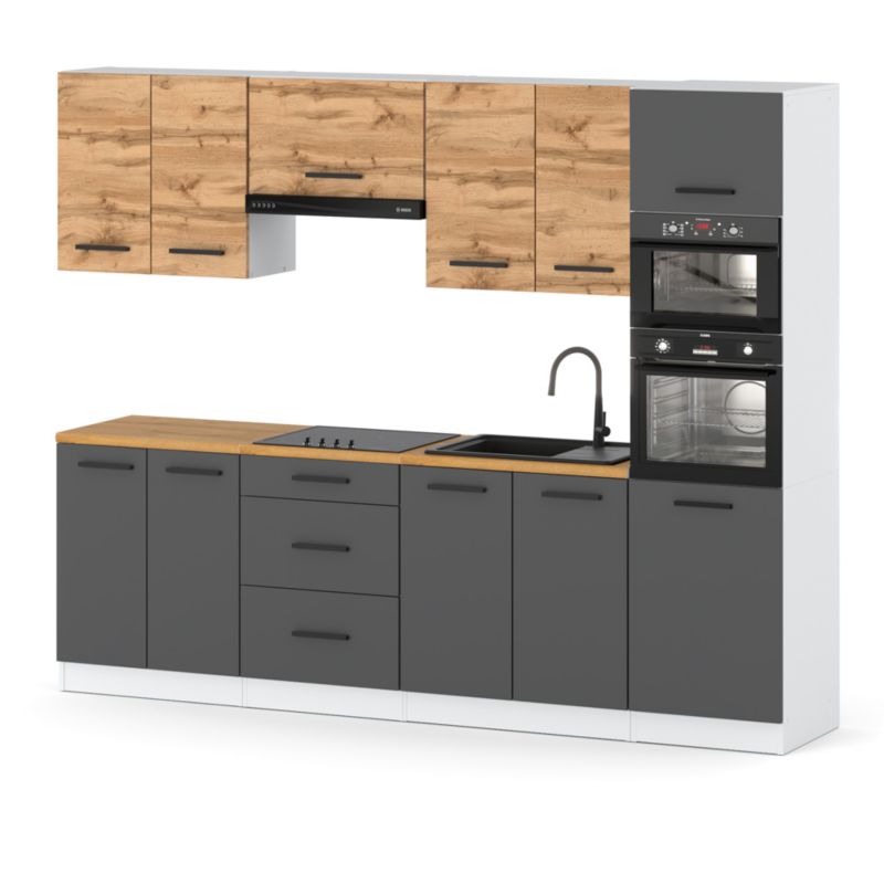 Zestaw Kuchenny Hurtownia-Mebli Z Blatem Kuchnia Marra 260cm Biały Mat Dąb Wotan/Szary Mat 260x47x217 cm 1szt.