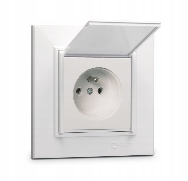 Gniazdo pojedyncze z klapką Makel Karea z uziemieniem białe