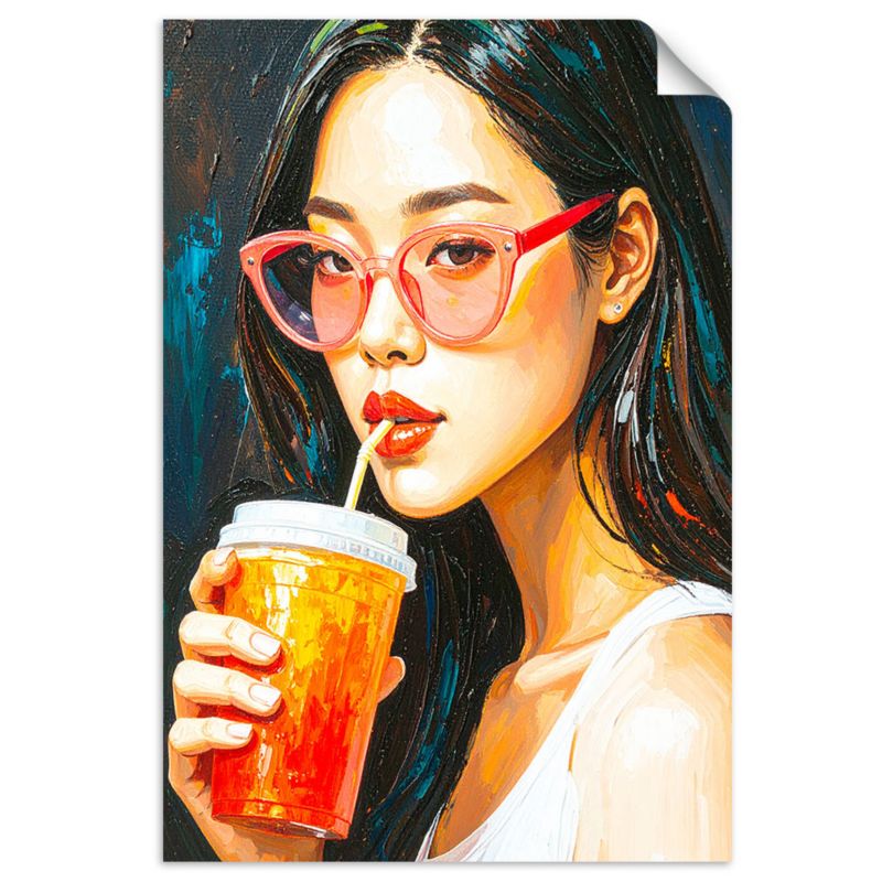 Naklejki samoprzylepne do salonu sypialni Feeby Dziewczyna w okularach pijąca Kawę 70x100cm 1szt