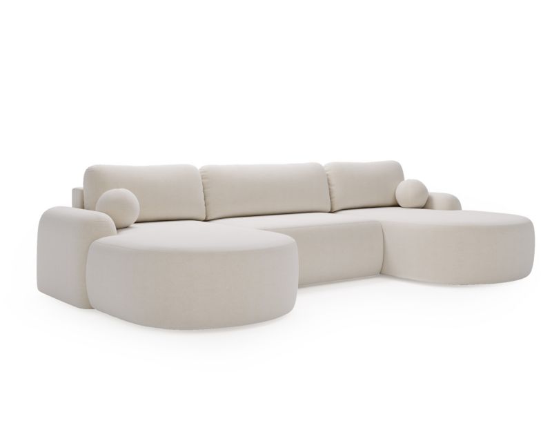 Narożnik w kształcie U Bettso Cloudy w tkaninie typu baranek z zaokrąglonym bokiem i poduszkami dekoracyjnymi biały 1szt.