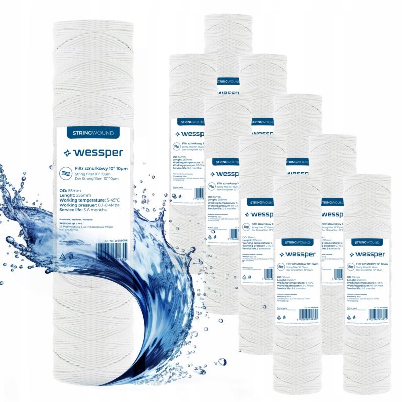 Wkład filtrujący, Wessper, filtr wody, sznurkowy, do filtracji wstępnej, 10", 10 mikron, 10szt