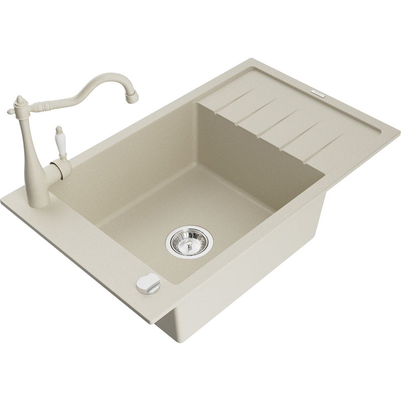 Zlewozmywak granitowy 1-komorowy Mexen Elias z ociekaczem i baterią kuchenną Carla beżowy - 6511-69-670700-70 1 szt.