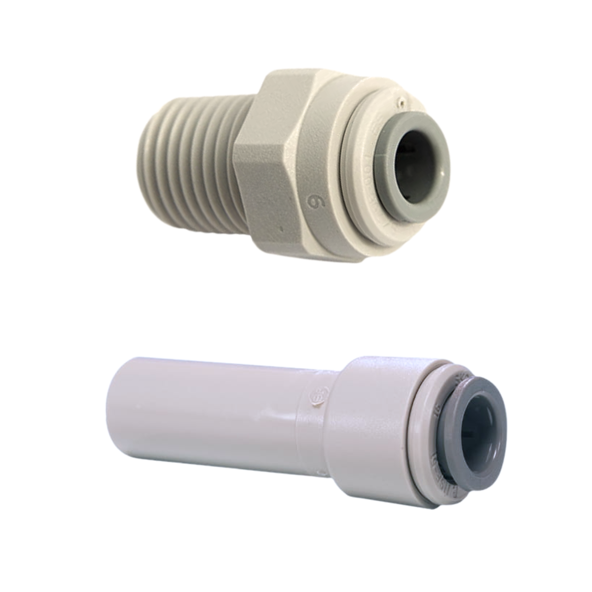 Zestaw złączek John Guest PI011203S + PI061208S. Podłączenie baterii dwuobwodowej. Gwint 3/8'' x wężyk 1/4''.