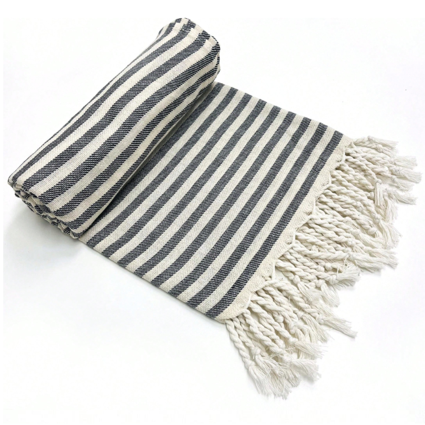 Ręcznik plażowy bawełniany granatowo-białe paski z frędzlami 180 cm NS