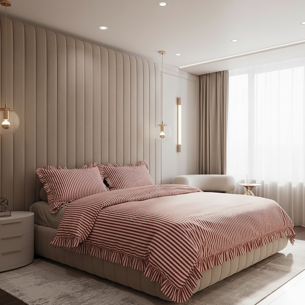 Komplet pościeli świątecznej bawełnianej czerwone paseczki i falbanka al - 200x220