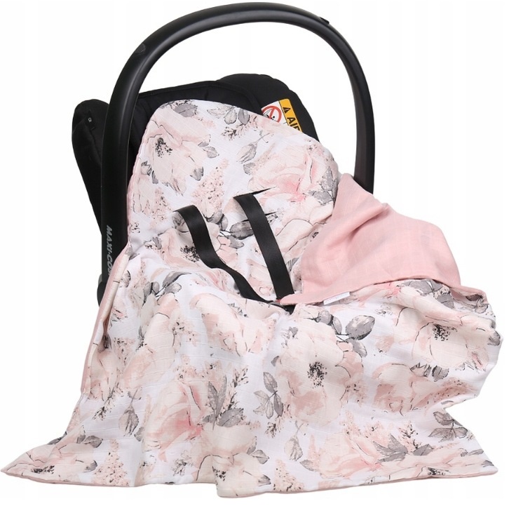 Letni dwustronny muślinowy otulacz do nosidełka szare kwiaty AL