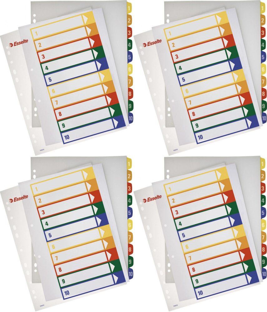 4x Przekładki do segregatora Esselte Maxi, plastikowe, numeryczne, do zadruku, A4, 1-10 kart, mix kolorów