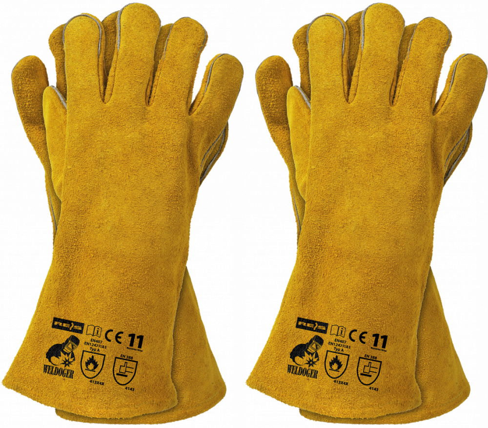 2x Rękawice robocze Reis Weldoger, skórzane, spawalnicze, rozmiar 11, żółto-miodowy