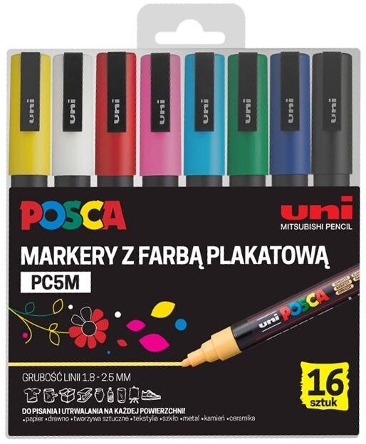 Marker Posca PC-5M, z farbą plakatową, okrągła, 16 sztuk, mix kolorów