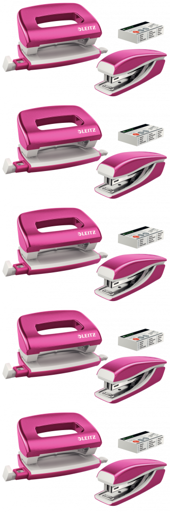 5x Zestaw zszywacz i dziurkacz Leitz Mini NeXXt Wow, metalowy, różowy