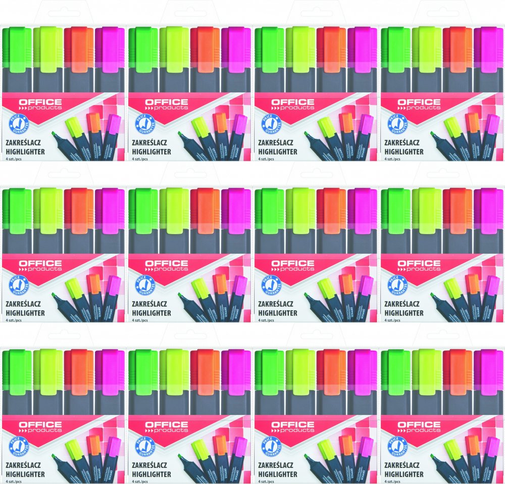 12x Zakreślacz Office Products, ścięta, 4 sztuki, mix kolorów fluorescencyjnych