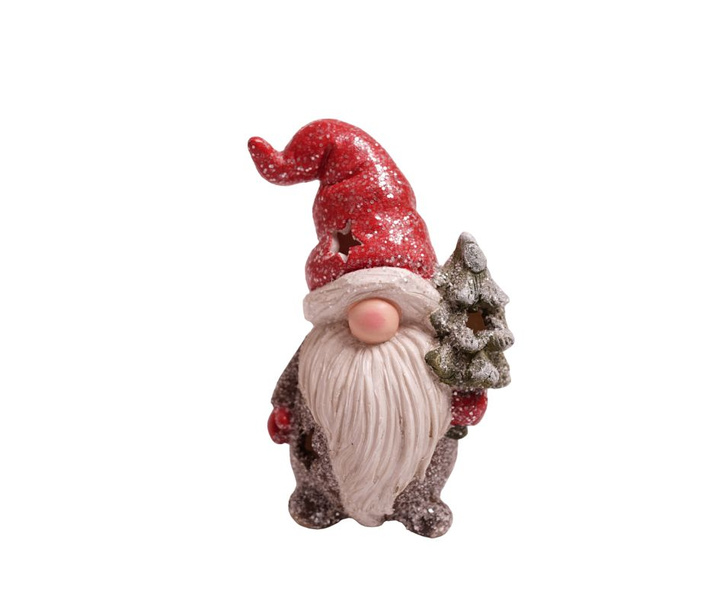 Skrzat ceramiczny brązowy, z choinką, czerwona czapa LED 21 cm