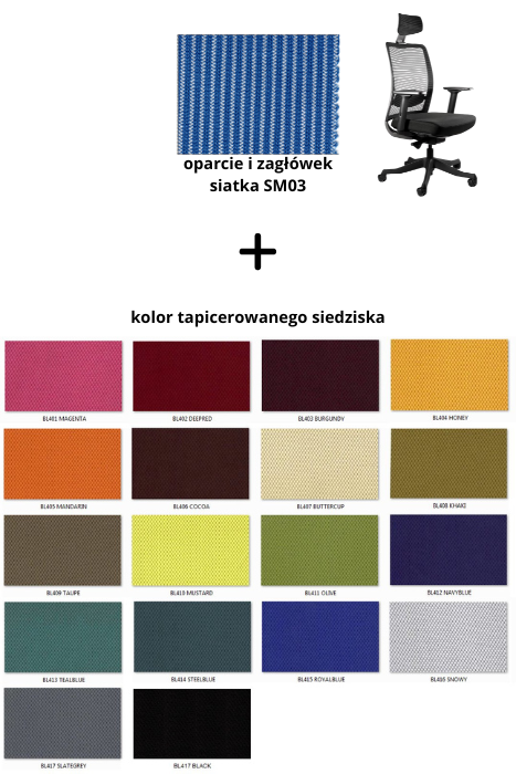 ANGGUN fotel biurowy biały, siatka/tkanina lub skóra naturalna kolory (Siatka: SM03, Kolor siedziska: BL413)