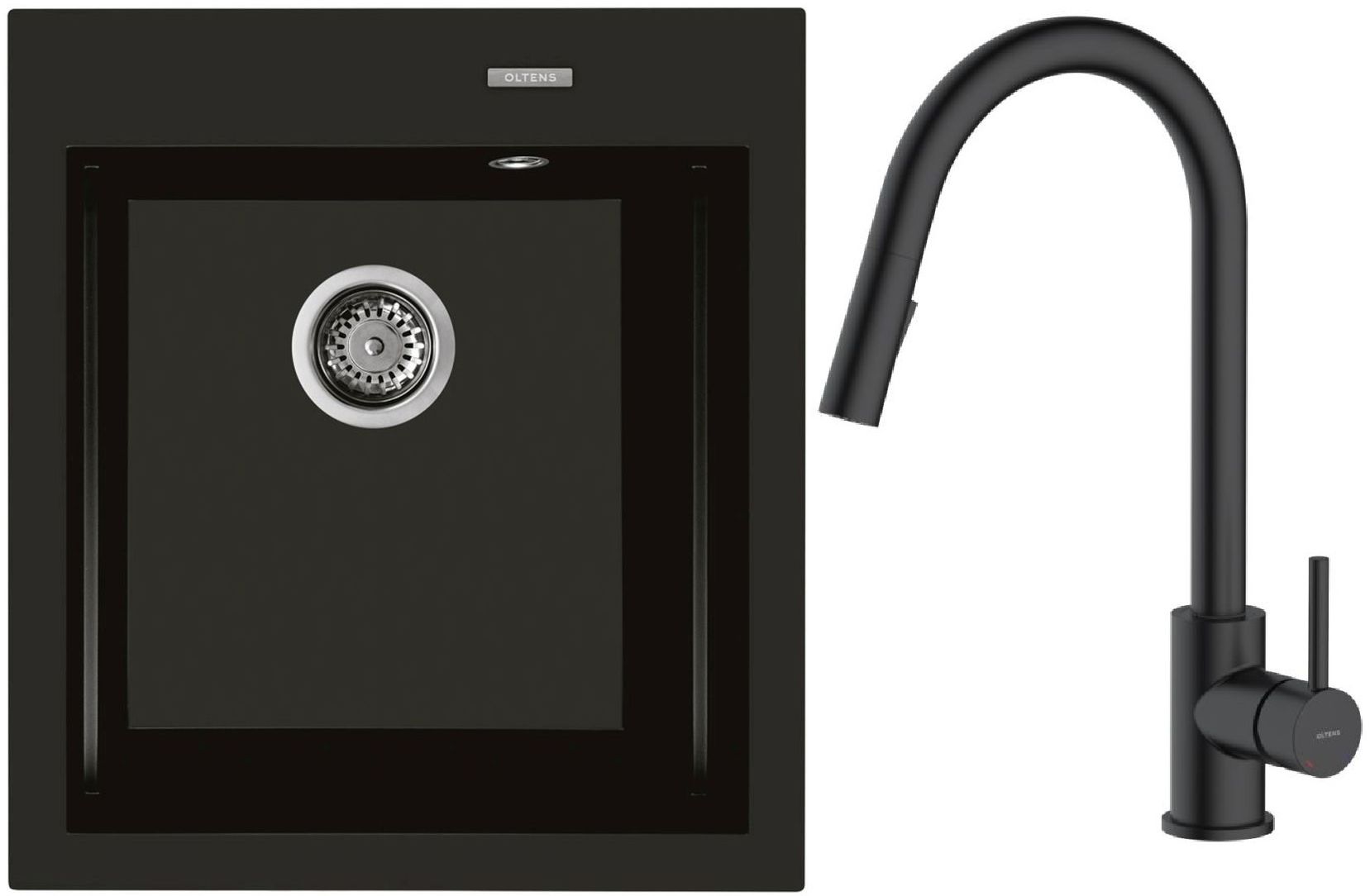 Zestaw Oltens Gravan zlewozmywak granitowy 1-komorowy 47x51,5 cm z baterią kuchenną Litla czarny mat (72001300, 35204300) - Wysyłka w 24h