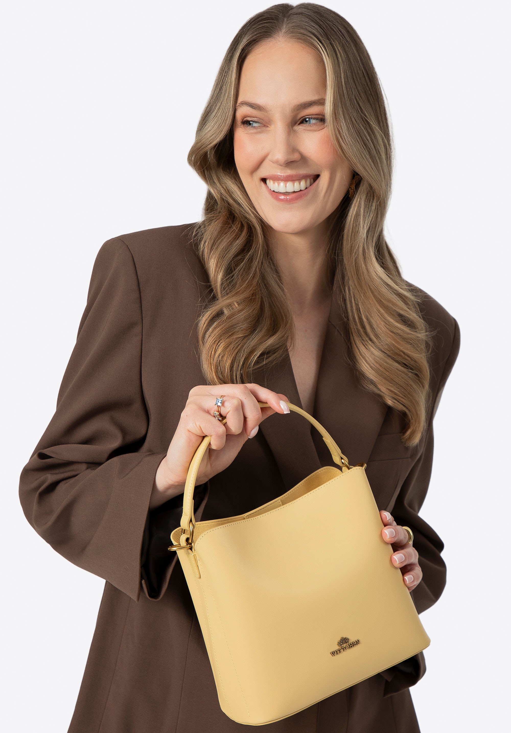 Trójkomorowy kuferek ze skóry żółty