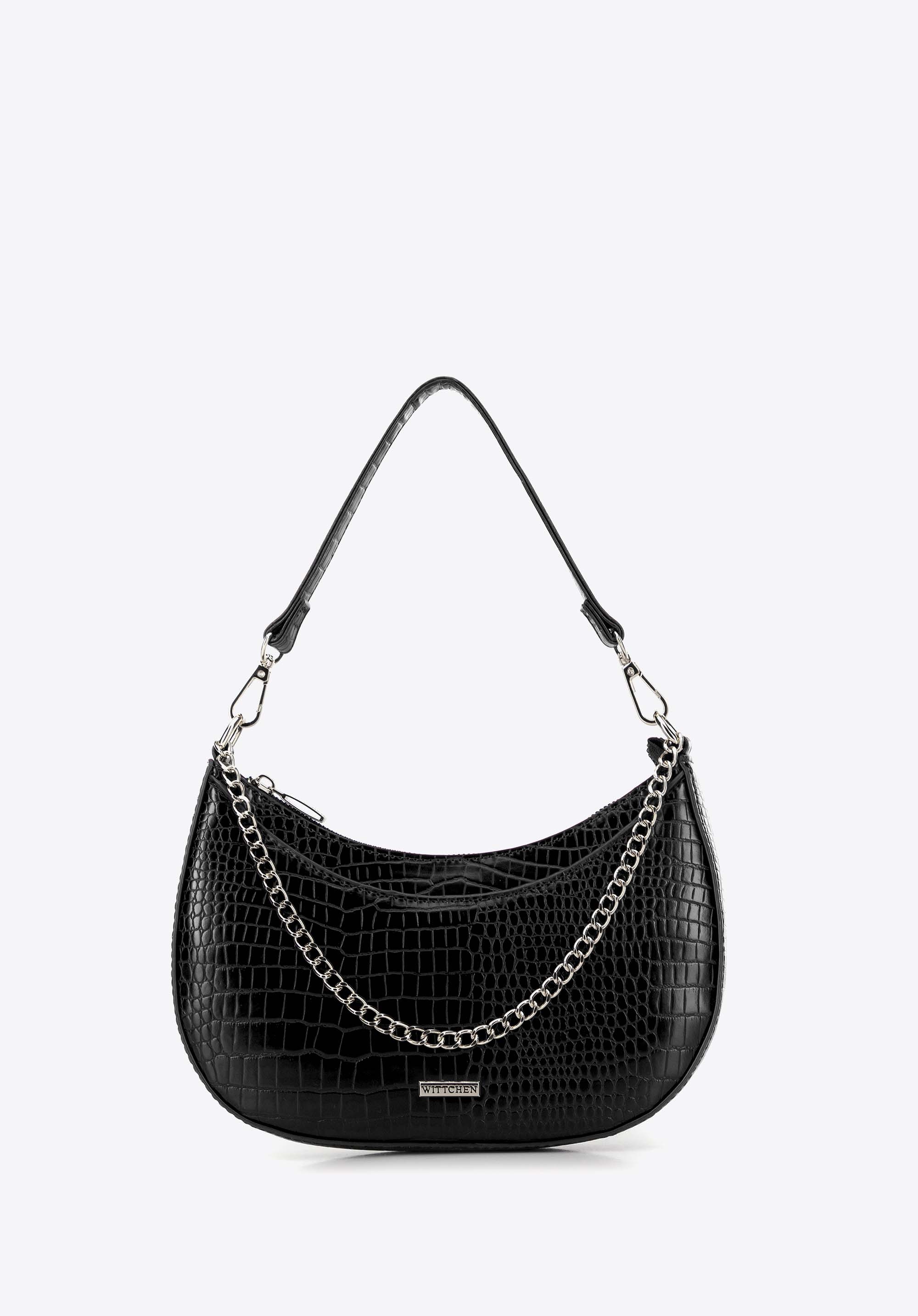 Damska torebka bagietka z łańcuszkiem croco czarno - srebrna