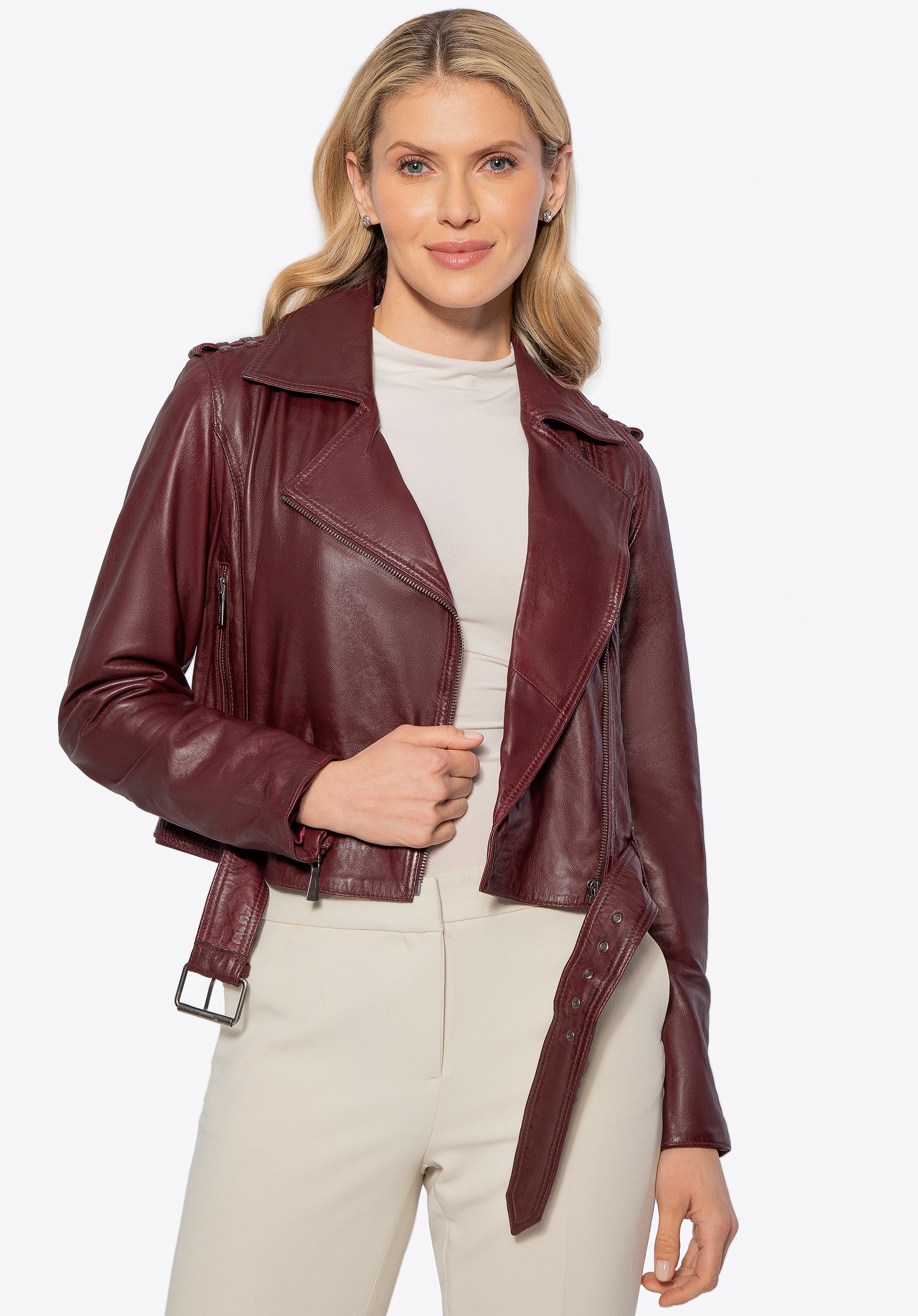 Damska kurtka biker ze skóry bordowa