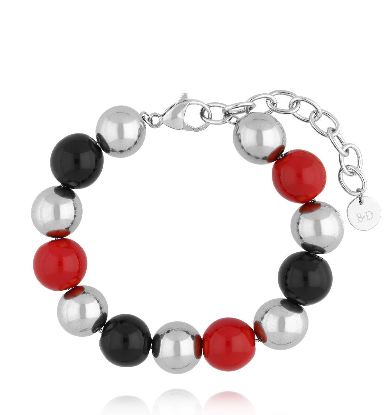 Bransoletka z czerwonymi i czarnymi kulkami srebrna BSA0908