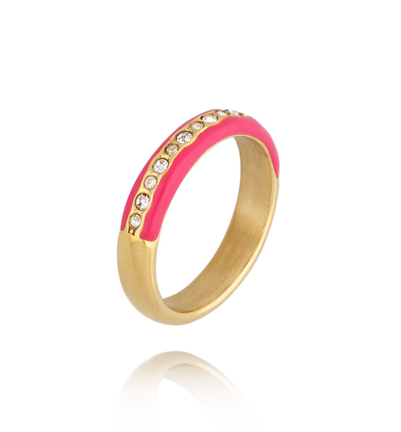 Pierścionek z cyrkoniami i fuksjową emalią Mori PSA0656