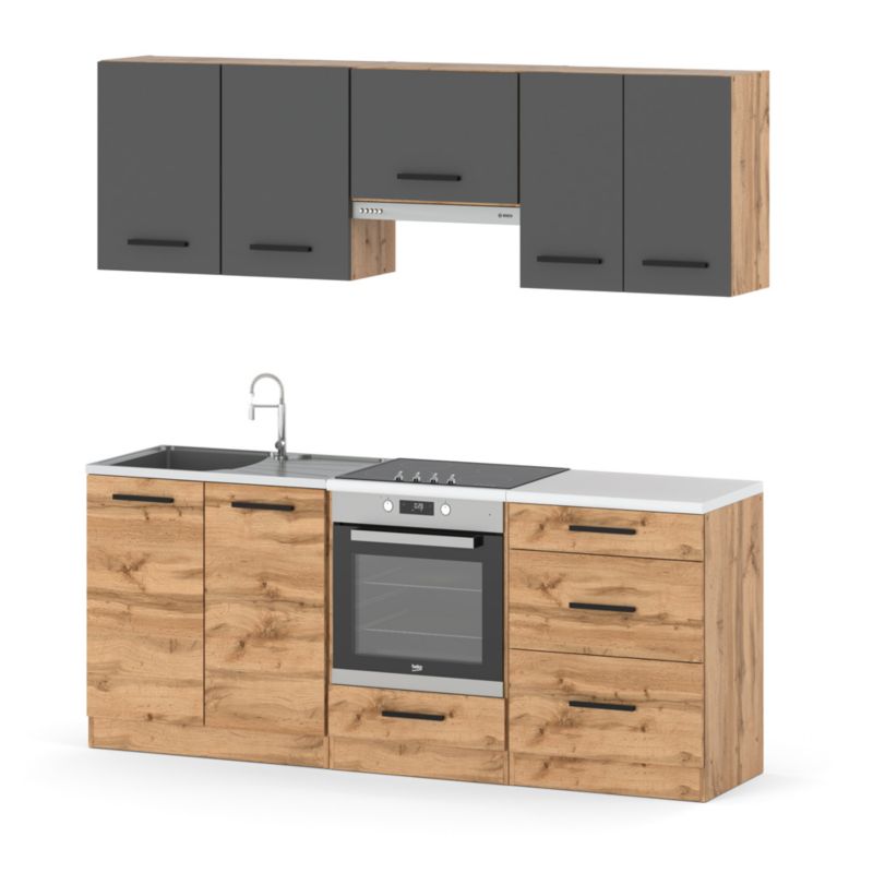 Zestaw Kuchenny Hurtownia-Mebli Z Blatem Kuchnia Mini Mokka Full 200cm Dąb Wotan Szary Mat/Dąb Wotan 200x47x145 cm 1szt.