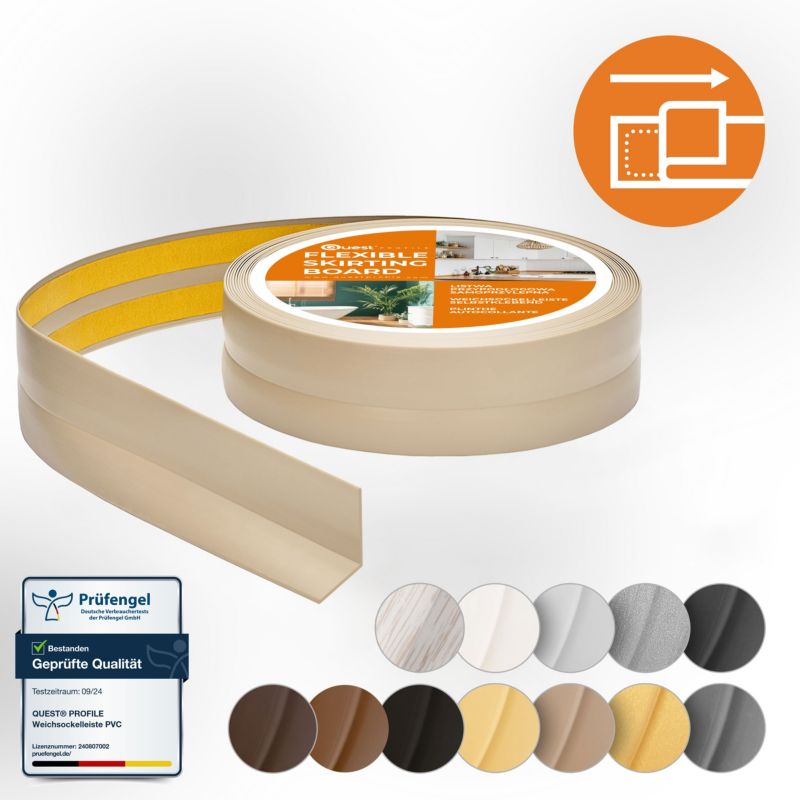 Listwa wykończeniowa PCV 25x25mm, QUEST, samoprzylepna, elastyczna, miękka taśma dekoracyjna, beż, 25m
