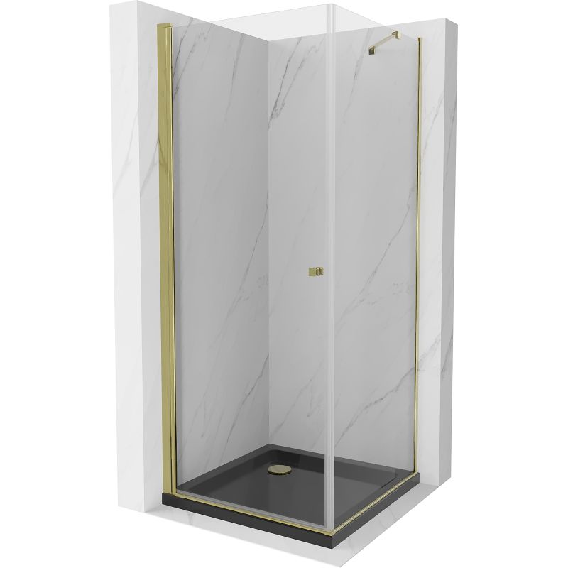 Kabina prysznicowa Mexen uchylna Pretoria 100 x 100 cm transparent rama złota i brodzik Flat czarny 1 kpl.