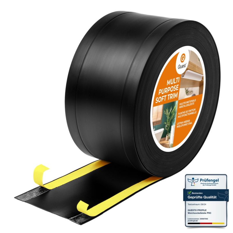 Listwa wykończeniowa W1 z PCV 6w1 120mm, QUEST samoprzylepna, maskująca elastyczna listwa podłogowa, ścienna, czarny, 20m