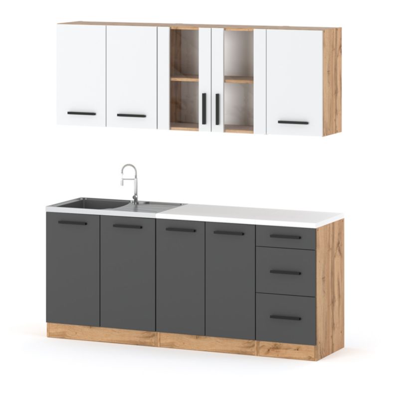 Zestaw Kuchenny Hurtownia-Mebli Z Blatem Kuchnia Rest 200cm Dąb Wotan Biały Mat/Szary Mat 200x47x145 cm 1szt.