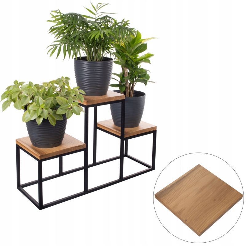 Kwietnik Urokliwe Wnętrza Loft Stojak Metal 3 X Deska Dąb Prawdziwe Drewno I Stal - 1 szt.