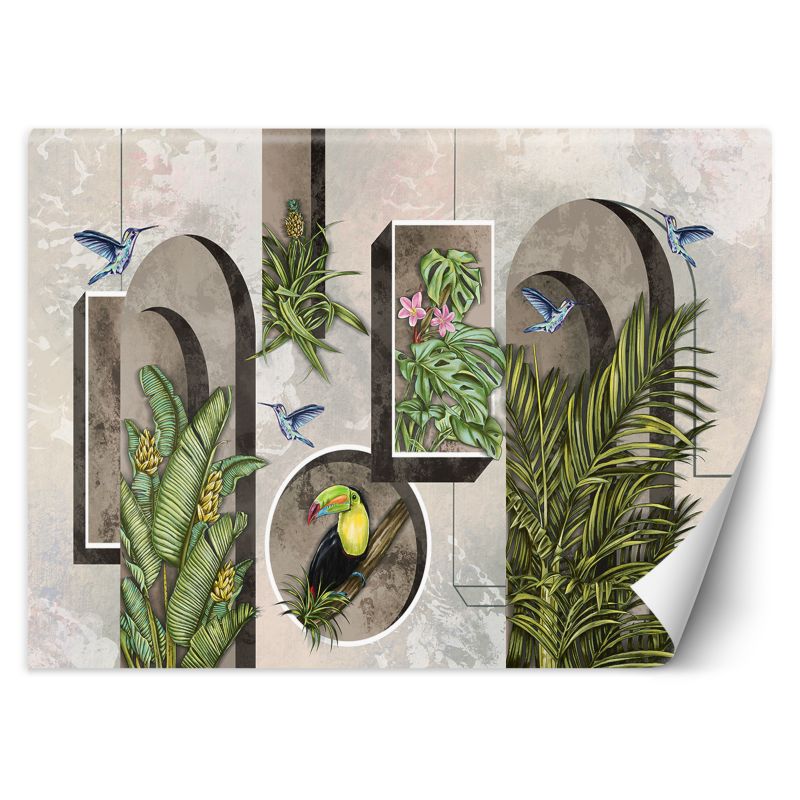 Fototapeta Feeby Kształty w ścianie z roślinami i ptakami tukan koliber 250x175 1 szt