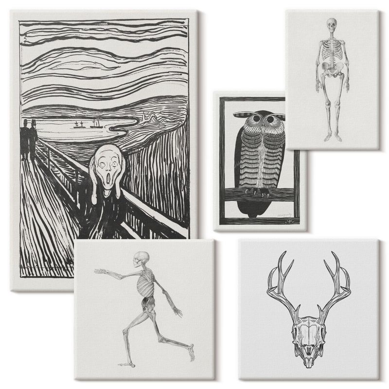 Kolekcja Obrazów Na Płótnie Wallfluent Krzyk czaszka sowa grafika 5 szt.