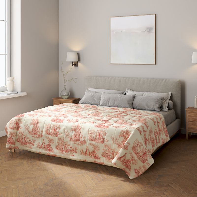 Narzuta pikowana w pasy Dekoria 170 x 210 cm scenki rodzajowe w kolorze czerwonym na tle ecru 1 szt.