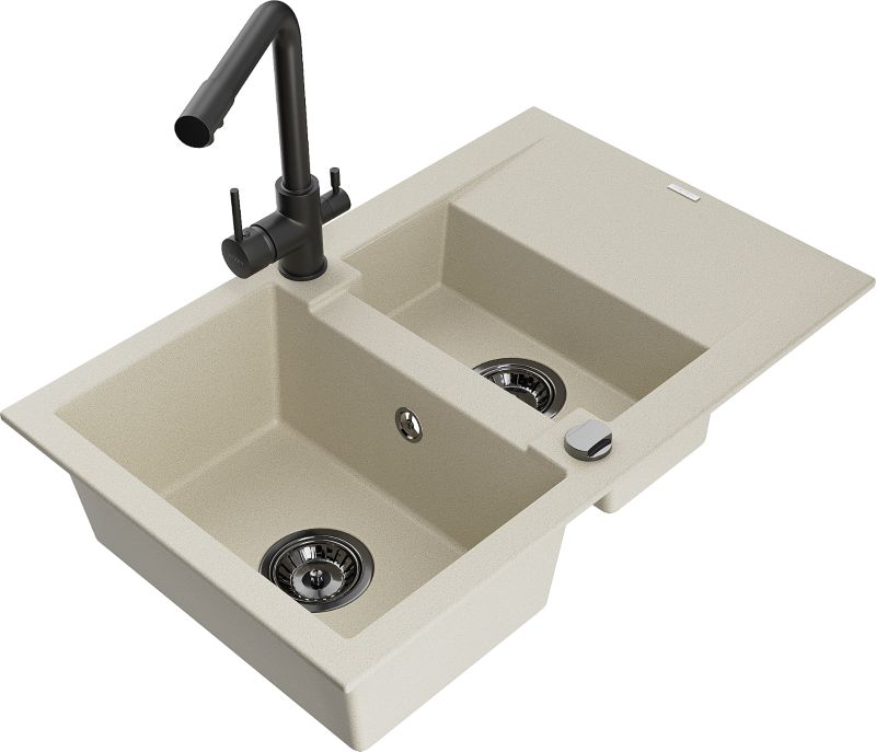 Zlewozmywak granitowy Mexen Gaspar 1,5-komorowy z ociekaczem i baterią kuchenną Duero biały - 6507-20-671600-70 1 szt.