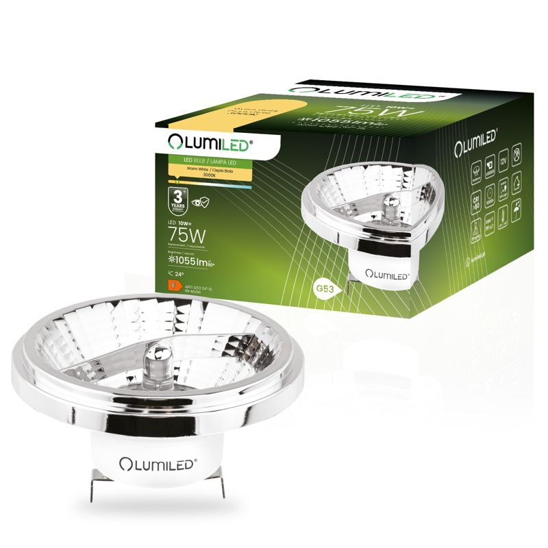 Żarówka LED Lumiled G53 Reflektor AR111 10W 1055lm 3000K Ciepła 24st 12V Srebrna 1 szt.